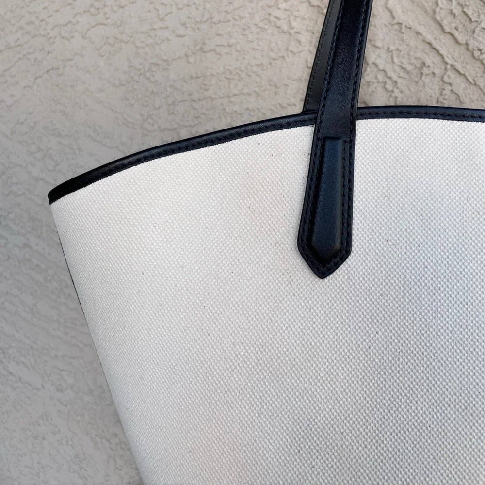 MICHAEL KORS Neutral Cream & Black Large Canvas Leather Kimber Logo Tote Bag